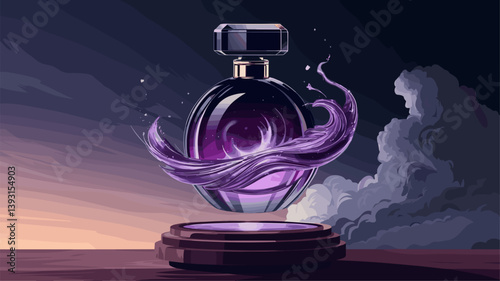 An artistic depiction of a levitating perfume bottle surrounded by ethereal purple swirls, set against a dramatic sky.