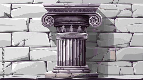 A beautifully designed Greek column featuring ornate details and a textured stone wall, perfect for architectural themes and historical representations.