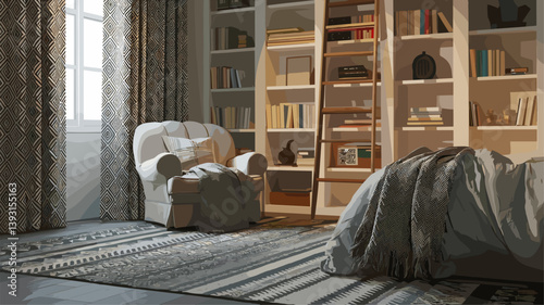 A stylish interior featuring a plush armchair, a wooden ladder leading to bookshelves, and warm, inviting decor. Ideal for showcasing home comfort and relaxation.