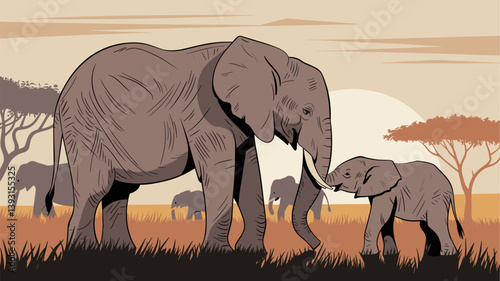 A beautiful illustration of an elephant and its calf in a peaceful savanna at sunset, surrounded by silhouettes of other elephants.