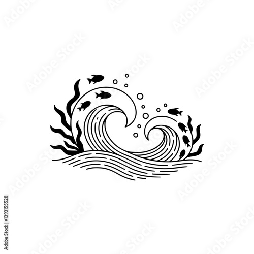 Minimalist Ocean Icon: Waves, Fish & Seaweed, Black & White Vector