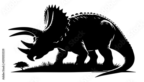 Black and white silhouette of a triceratops dinosaur on a white isolated background. Vector graphics. EPS.