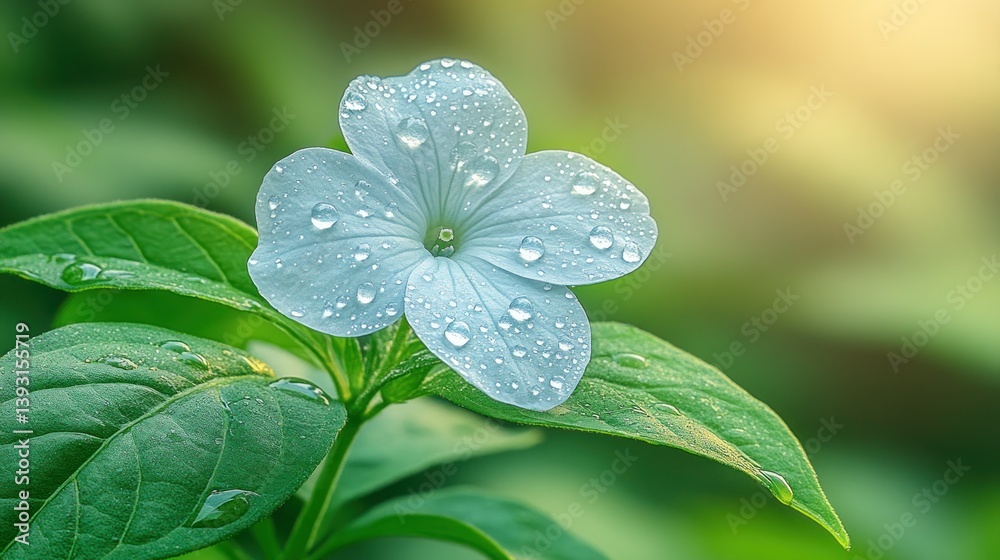 Delicate white flower, covered in morning dew drops, vibrant green leaves Delicate white flower, covered in morning dew drops, vibrant green leaves