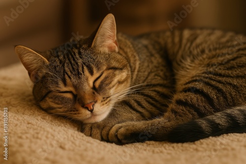 Cat Resting Peacefully on Soft Blanket in Cozy Indoor Space During Afternoon Light