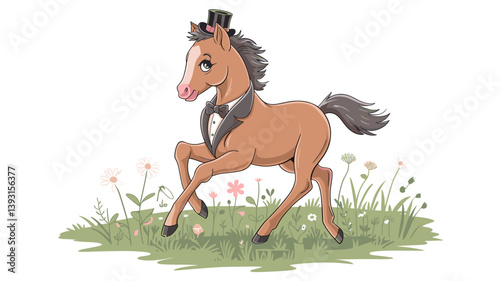 Delightful illustration of a cartoon horse donning a top hat and bow tie, prancing through a grassy field adorned with flowers.