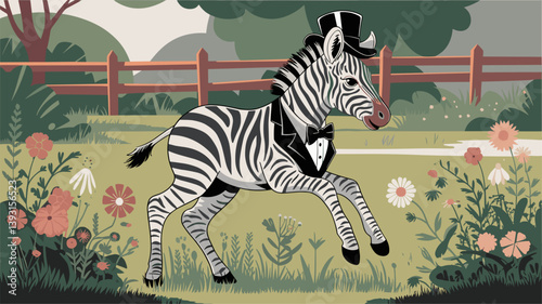 This charming illustration features a charming zebra dressed in a tuxedo and top hat, prancing through a vibrant garden filled with flowers. Perfect for playful themes!