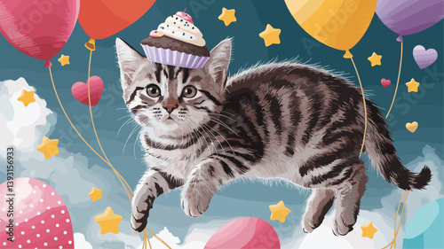 A whimsical illustration of a playful kitten wearing a cupcake hat, floating among colorful balloons and stars in a cheerful sky.