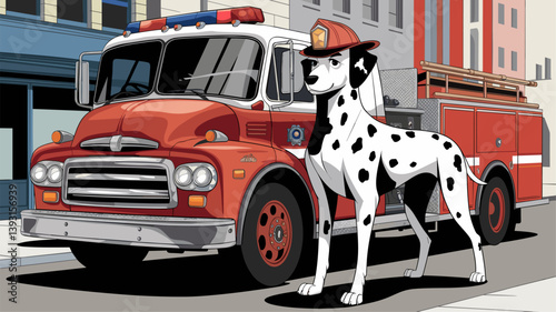 A cheerful Dalmatian wearing a firefighter's hat stands proudly beside a vintage fire truck, capturing the spirit of heroism and community service.