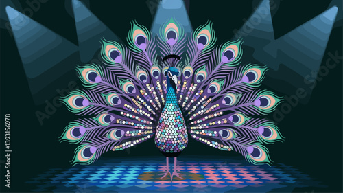 A stunning, colorful peacock showcasing its iridescent feathers, illuminated by dramatic stage lights, perfect for artistic or nature-themed projects.