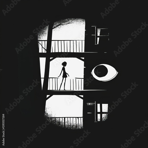 Silhouette of a girl walking on a balcony against a dark background