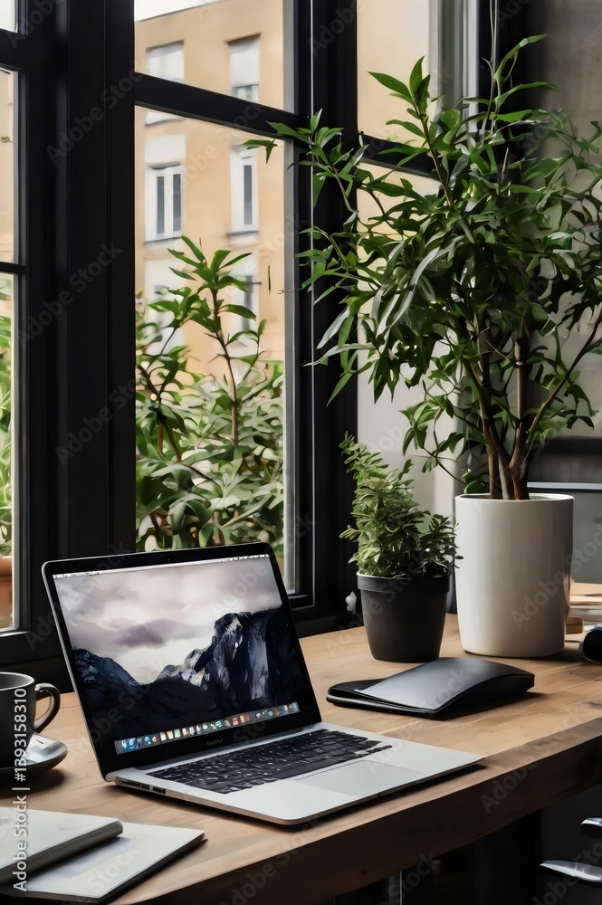 Fototapeta premium A laptop is open on a desk with a potted plant and a vase of flowers