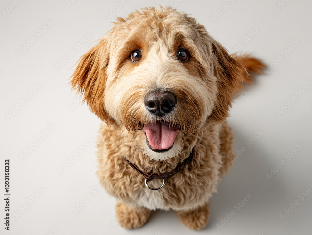 happy labradoodle with happy eyes and her tongue sticking out