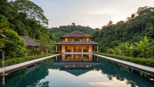 A serene villa surrounded by lush greenery, reflecting in a tranquil pool, showcases modern architecture harmonizing with nature.