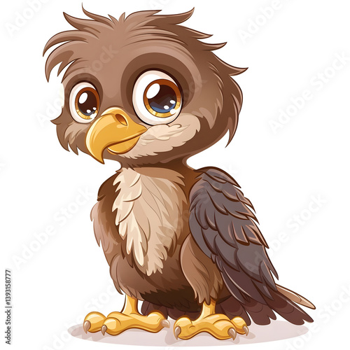 adorable baby eaglet with fluffy feathers, oversized beak and curious expression, sitting pose, nursery-style wildlife clipart, isolated on white background