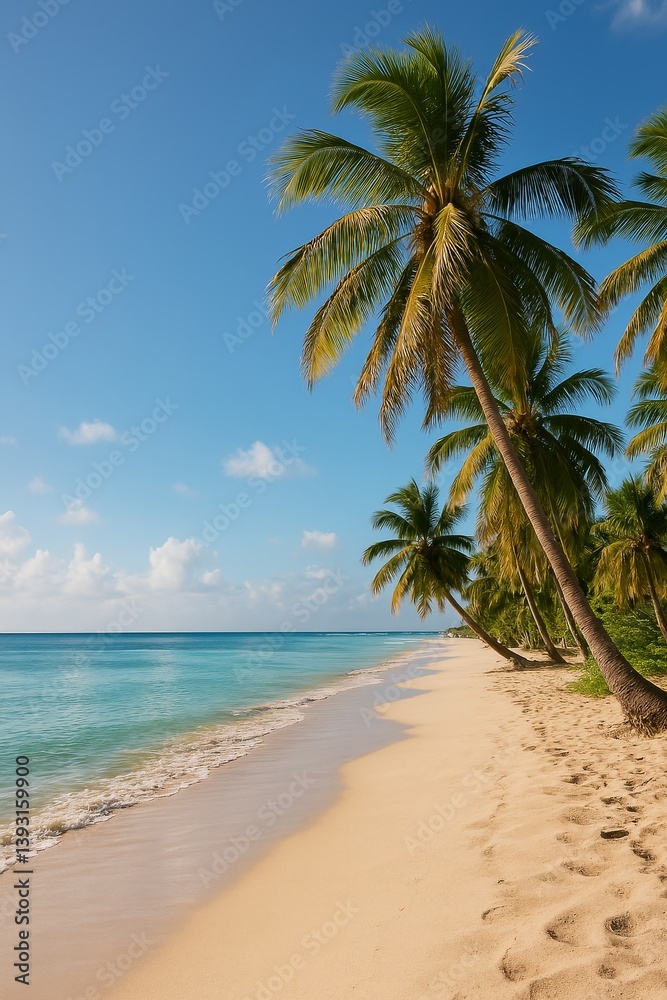 Obraz premium Tranquil Beach With Palm Trees and Gentle Waves on a Sunny Day