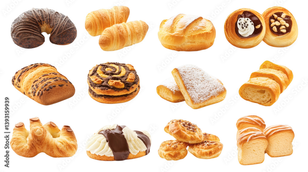 Set collection of different tasty fresh bakery snacks items isolated on white background Set collection of different tasty fresh bakery snacks items isolated on white background