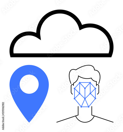 Cloud symbol above geolocation pin and face outline with recognition grid. Ideal for tech, security, identity, innovation, cloud solutions, AI analytics, navigation. Flat simple metaphor