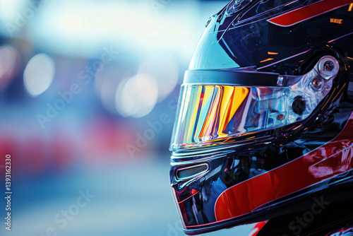 Close-up of a sleek, dark racing helmet with reflective visor and red accents, hinting at speed and the thrill of motorsport competition.