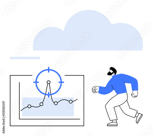 Man moving toward graph with data points and target icon under cloud backdrop. Ideal for analytics, data tracking, goal setting, cloud computing, business strategy, progress, abstract line flat