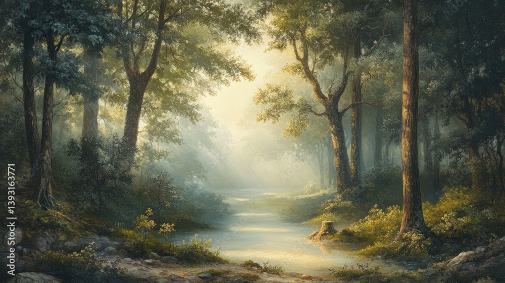 Fototapeta premium A peaceful morning in a forest with mist hovering over the ground and sunlight peeking through the trees