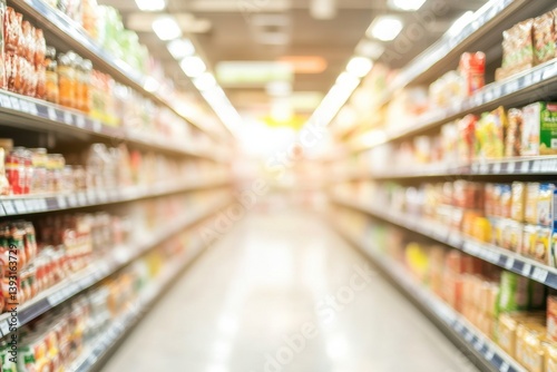 Blurred view of an aisle in a supermarket, shelves stocked with various food items, and bright lights illuminating the scene.