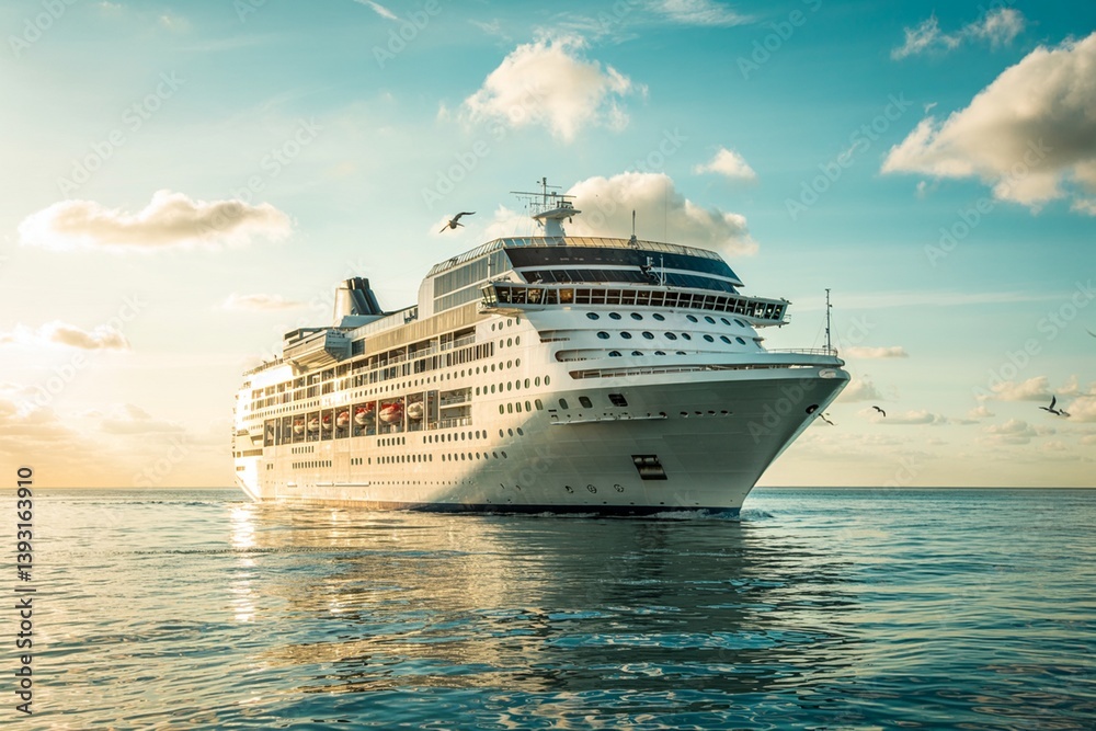 Naklejka premium Cruise Ship Sailing On Calm Ocean Water Under A Sunny Cloudy Sky
