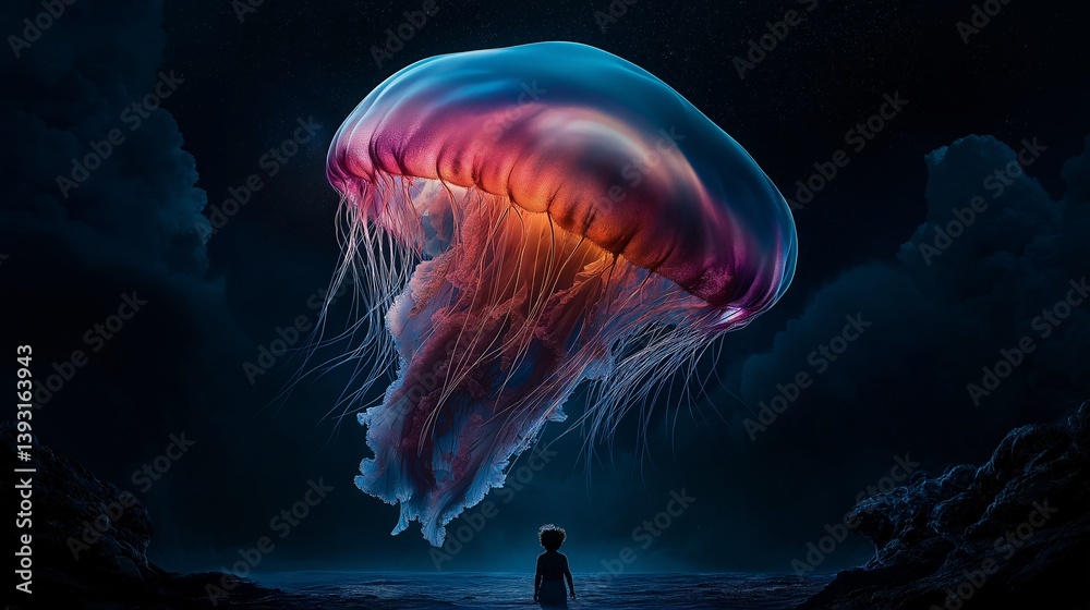 Child encounters a giant, glowing jellyfish in a surreal dreamscape. Child encounters a giant, glowing jellyfish in a surreal dreamscape.