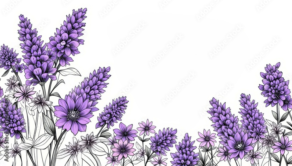 Naklejka premium Lavenders and flowers in purple against a white background 