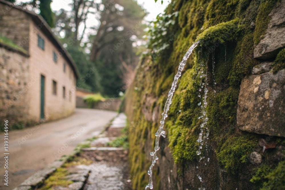 Tranquil Water Flowing from Stone Wall Surrounded by Lush Greenery and Moss on a Serene Path in a Peaceful Village Setting
