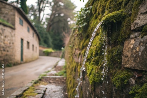 Obraz na płótnie Tranquil Water Flowing from Stone Wall Surrounded by Lush Greenery and Moss on a Serene Path in a Peaceful Village Setting w salonie