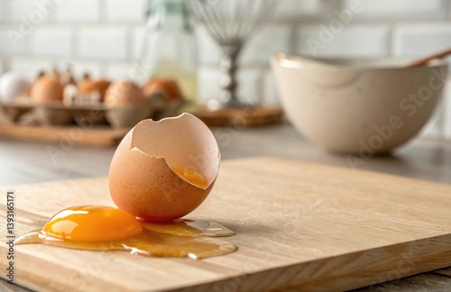 Obraz na płótnie Freshly Cracked Egg with Golden Yolk and Shell on Wooden Board in Modern Kitchen Setting with Whisk and Mixing Bowl in Background w salonie