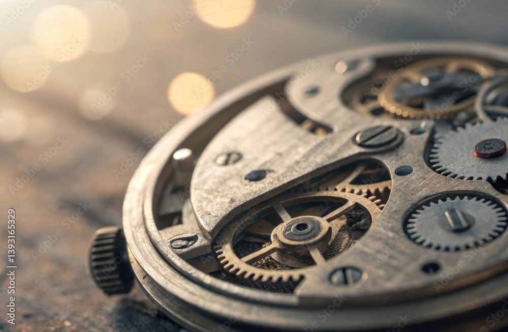 Intricate Close-Up of Vintage Clock Mechanism with Detailed Gears and Timekeeping Components Glimmering in Soft Natural Light Background