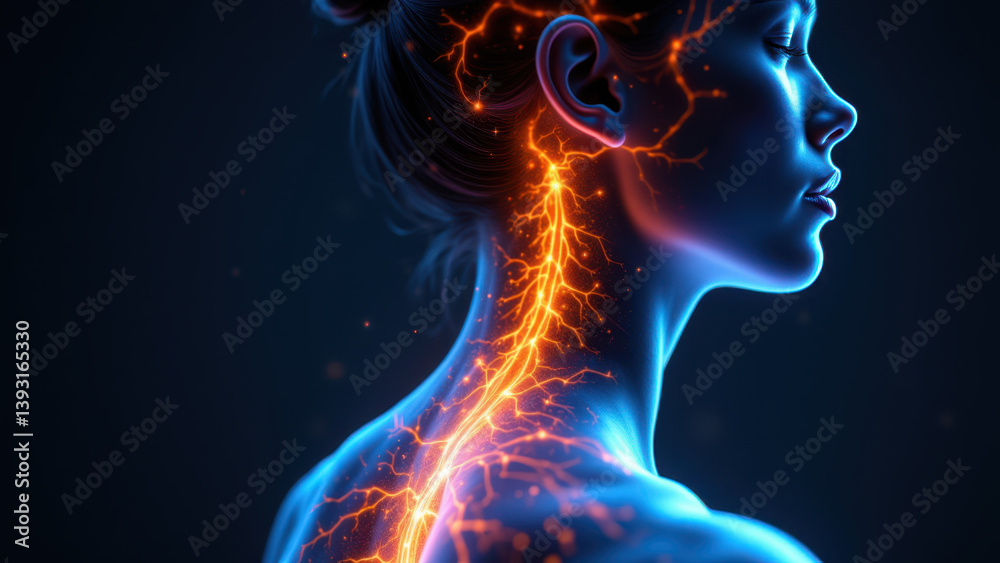 Vagus Nerve Stimulation Concept Art with a Blue and Orange Aesthetic. Vagus Nerve Stimulation Concept Art with a Blue and Orange Aesthetic.