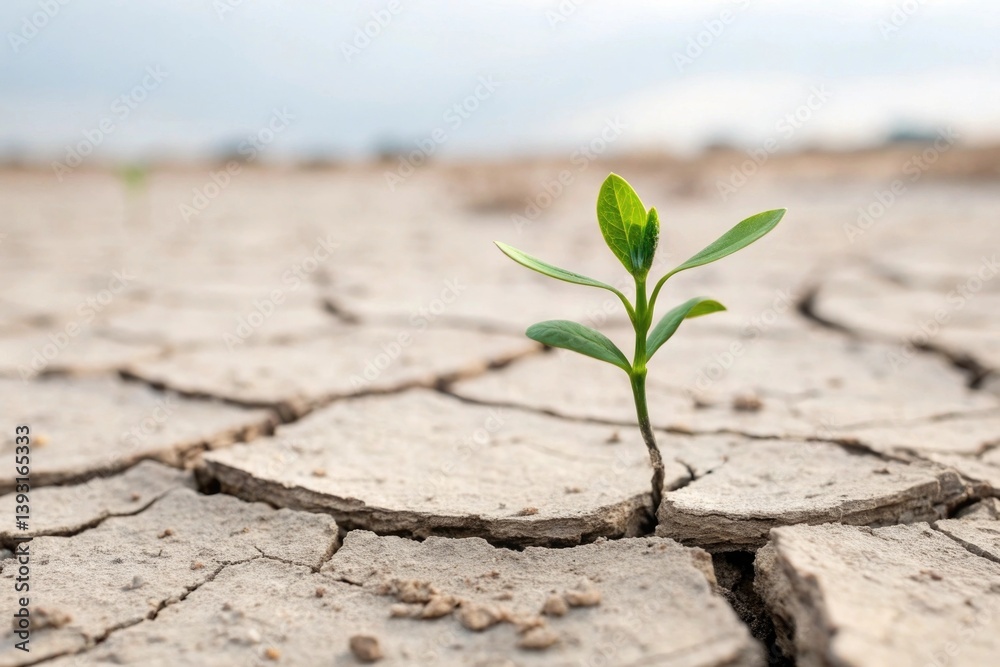 Resilient Green Plant Emerging from Cracked Dry Soil in an Arid Landscape Symbolizing Hope and Survival Amidst Climate Challenges