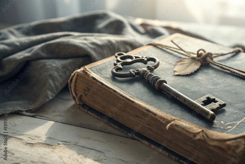 Vintage Key and Old Book on Wooden Table with Soft Cloth and Natural Light for Nostalgic and Mystical Themes in Photography