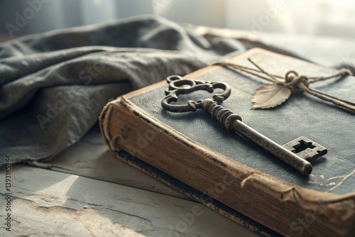 Obraz na płótnie Vintage Key and Old Book on Wooden Table with Soft Cloth and Natural Light for Nostalgic and Mystical Themes in Photography w salonie