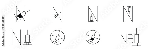 No syringe, hormones, antibiotic, drugs icons set. No injection symbol. Vector stock illustration isolated on white background for design template medical, pharmacy, hospital. Editable stroke line.