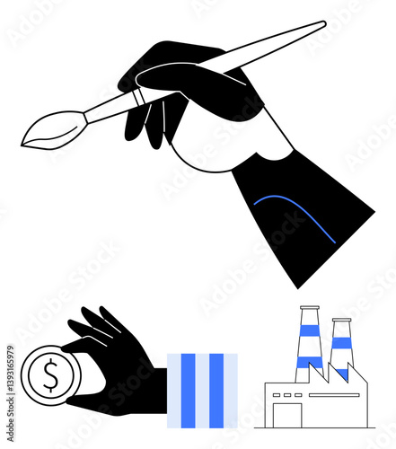 Hand grips a paintbrush, coin, and outlines a factory. Ideal for creativity, economy, industry, labor, innovation sustainability productivity. Flat simple metaphor