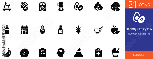 Set of solid black icons representing healthy lifestyle, nutrition, and fitness, including food, exercise, and wellness elements. Ideal for projects focused on health, fitness, and well-being