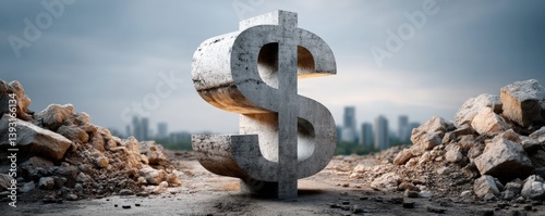 Great depression, A concrete dollar sign stands amid rubble, symbolizing wealth and economic resilience against an urban backdrop. photo