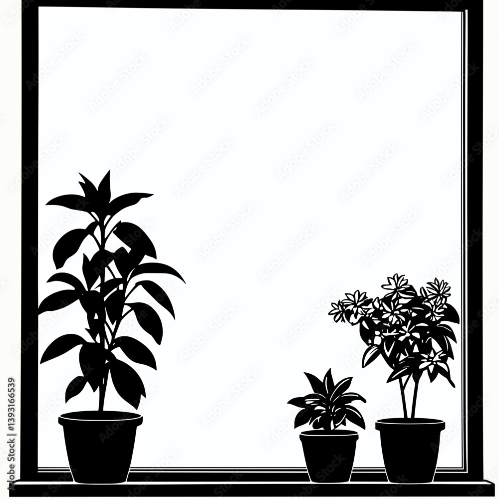 Obraz premium Potted plants on windowsill silhouette style in black and white symbolizing home gardening 