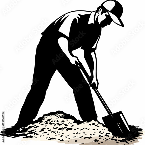 Man digging soil silhouette style in black and white symbolizing spring garden work
