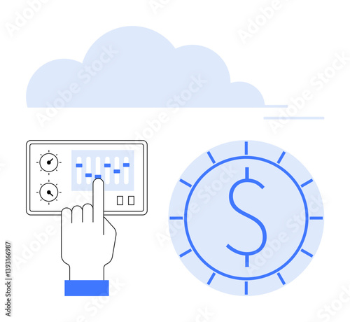 Hand interacting with control panel, adjusting sliders, alongside cloud and currency symbol. Ideal for finance, technology, cloud computing, optimization, budgeting fintech efficiency. Flat simple