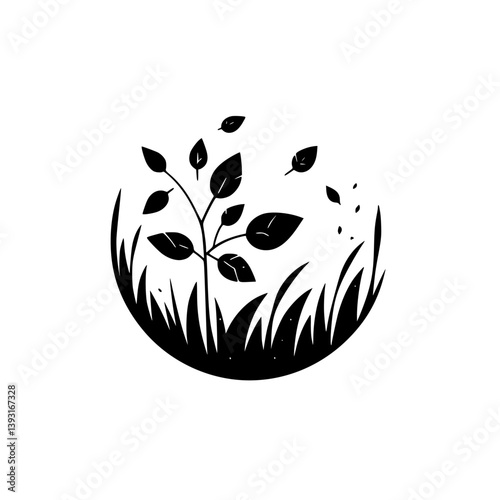 Minimalist Black and White Nature Logo: Plant, Grass, Leaves