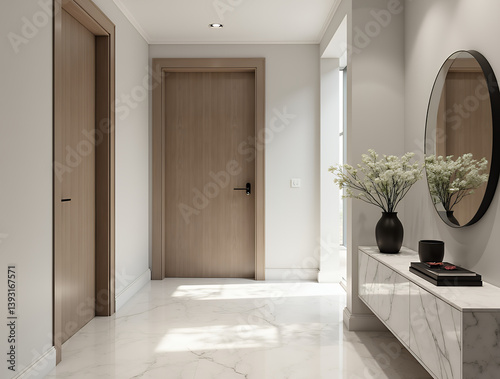 Minimalist, classic interior design of modern home entryway with door. Hall featuring a marble console table, clean lines, neutral tones, and sleek modern decor.
