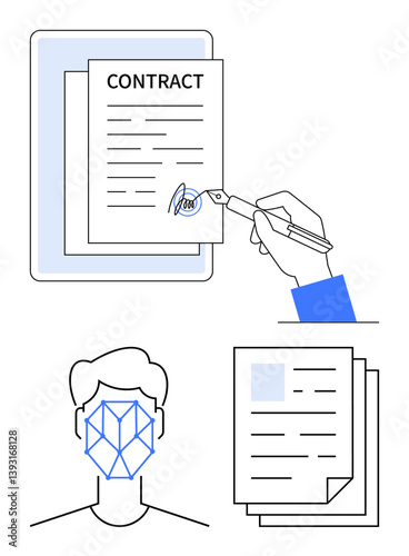 Hand signing digital contract, biometrics with facial data grid, and stacked paper documents. Ideal for technology, identity verification, e-signatures, legal agreements, security, digital workflows