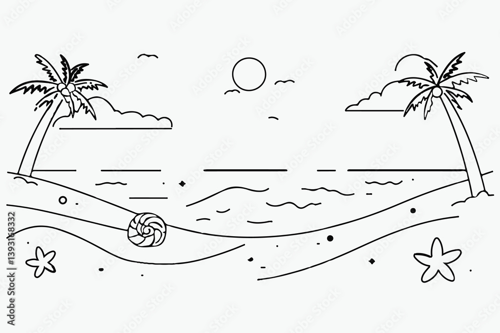 Line drawing of beach with waves and palm trees on white background