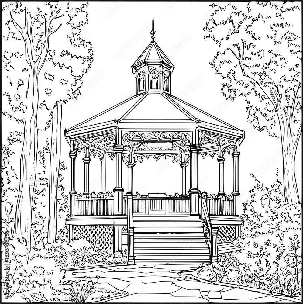 Fototapeta premium Park Pavillion coloring book vector design, Park Pavillion vector image