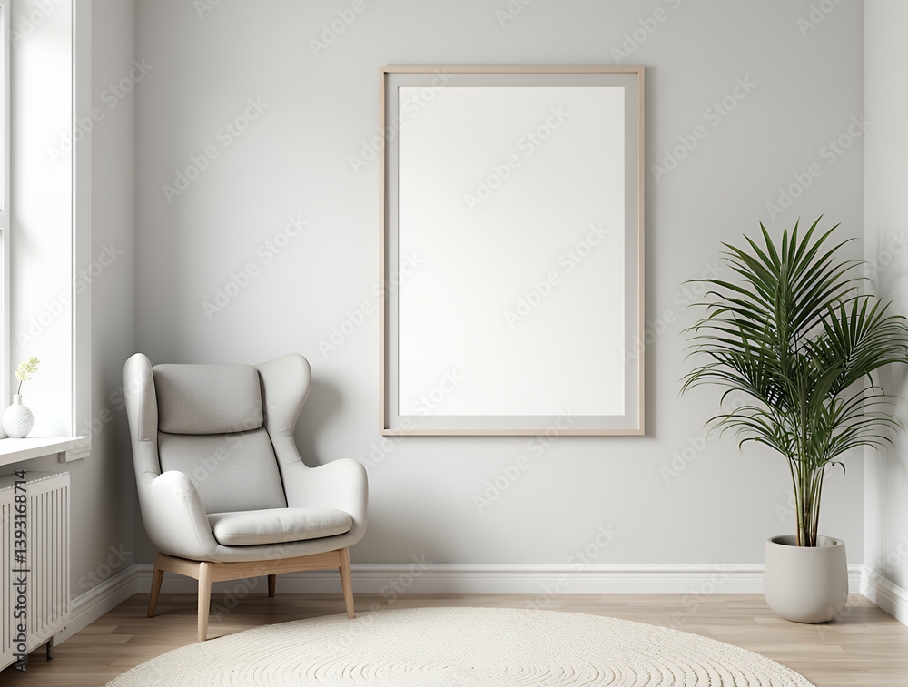 Scandinavian, boho style interior design of modern living room. Armchair near stucco wall with mock up frame. Scandinavian, boho style interior design of modern living room. Armchair near stucco wall with mock up frame.