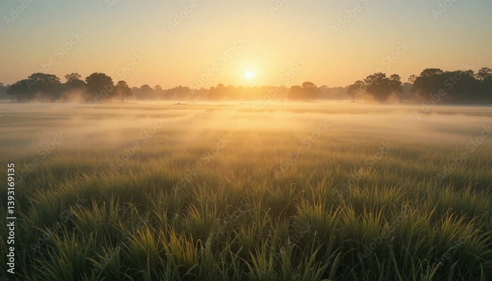 Fototapeta premium Serene sunrise over misty fields rural landscape nature photography tranquil environment wide-angle view dawn concept for peaceful reflection